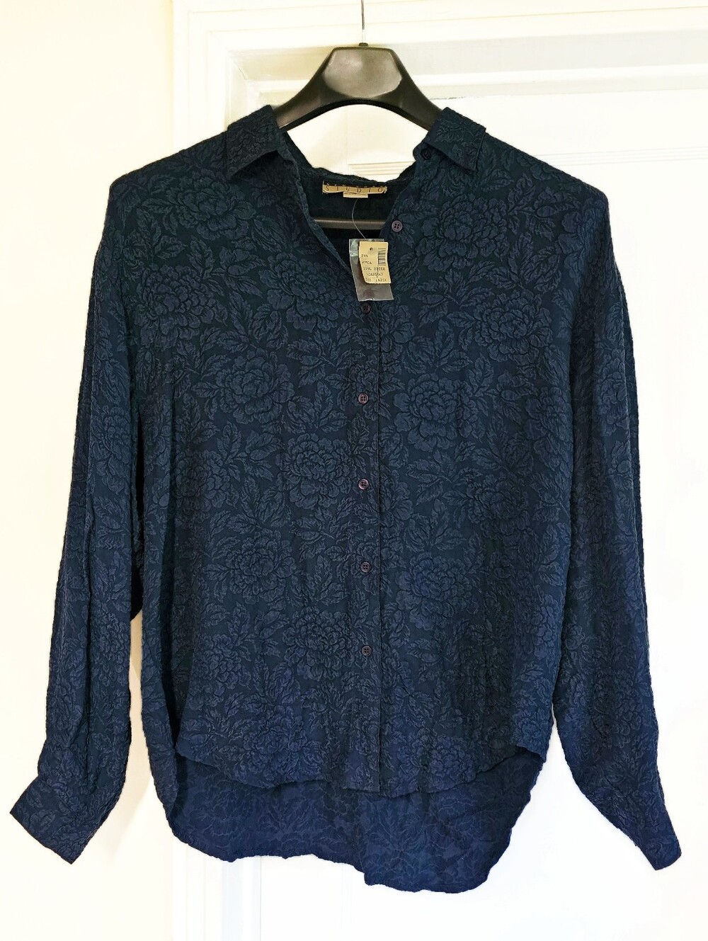 VTG 80s 90s New York Studio 100% Silk Removeble Shoulder Pad Blouse Navy NWT L